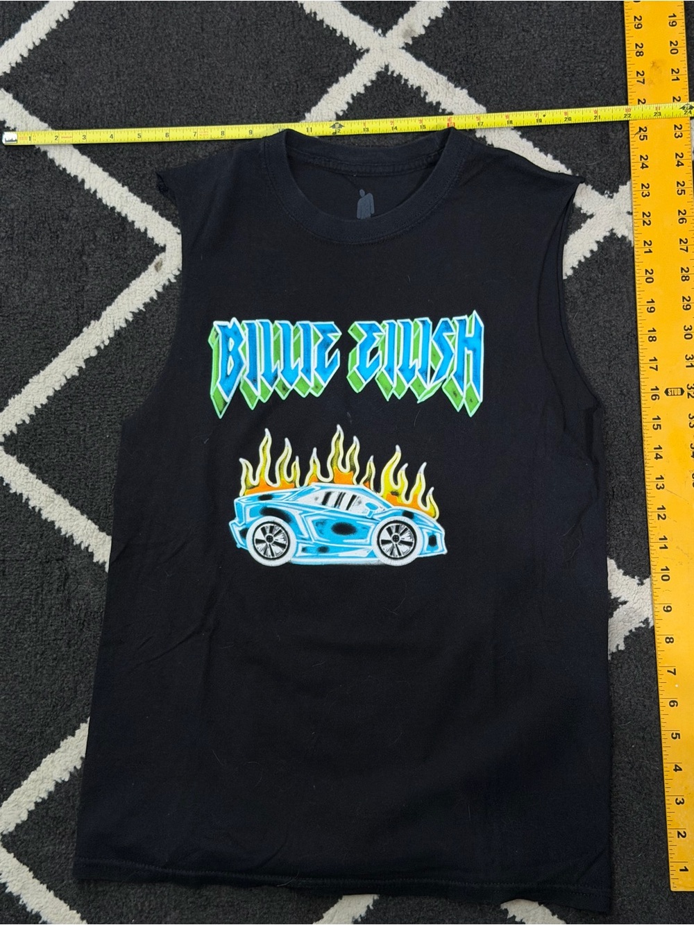 Billie Eilish Black Sleeveless Graphic Tank with Blue Car and Flame Print